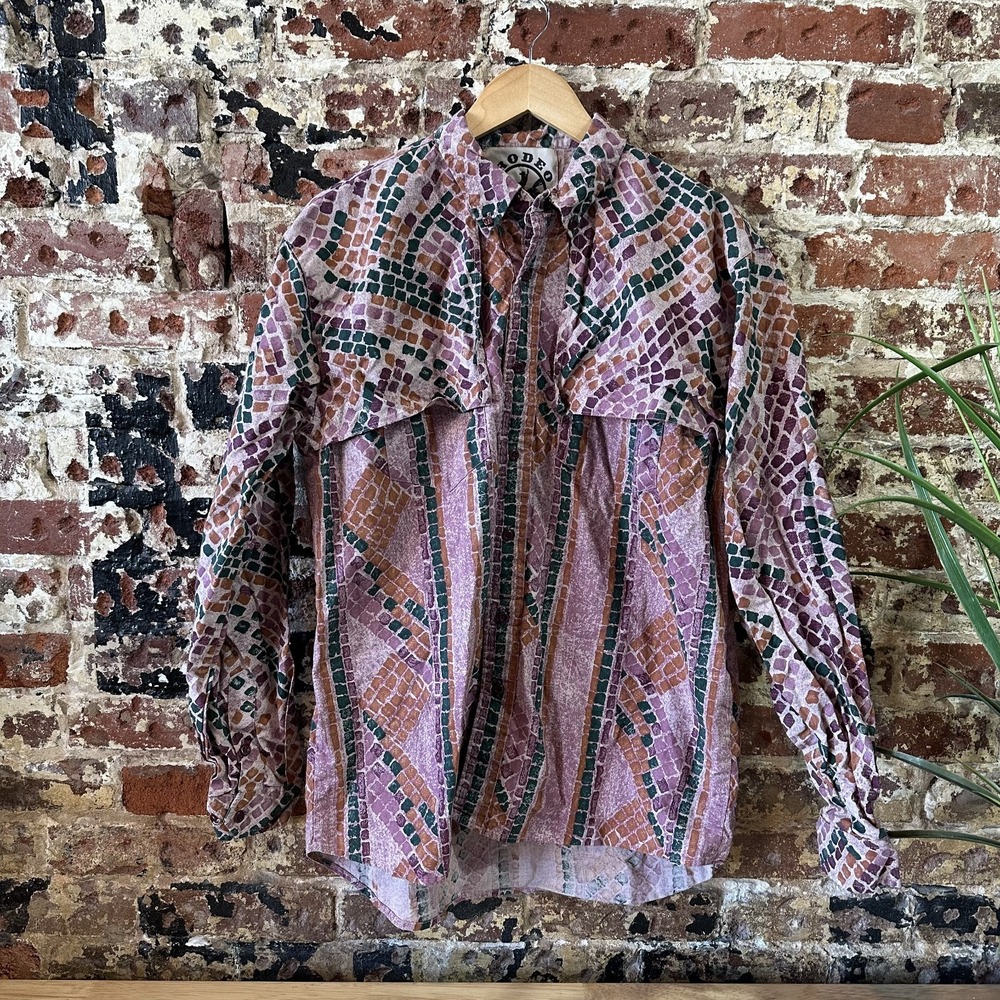 Rodeo Active Vintage Western Shirt Snake Pink Geometric Print Mens Medium